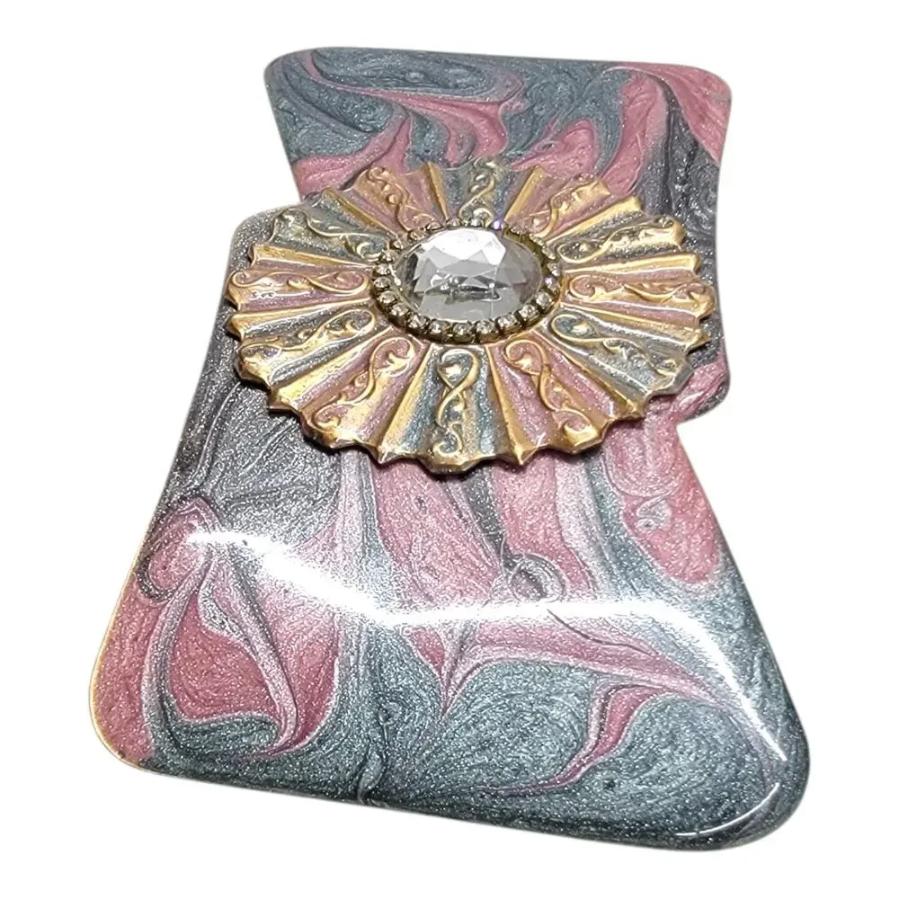 Vintage 80s Pink Grey Marbled Enamel Rhinestone Brass Statement Belt Buckle